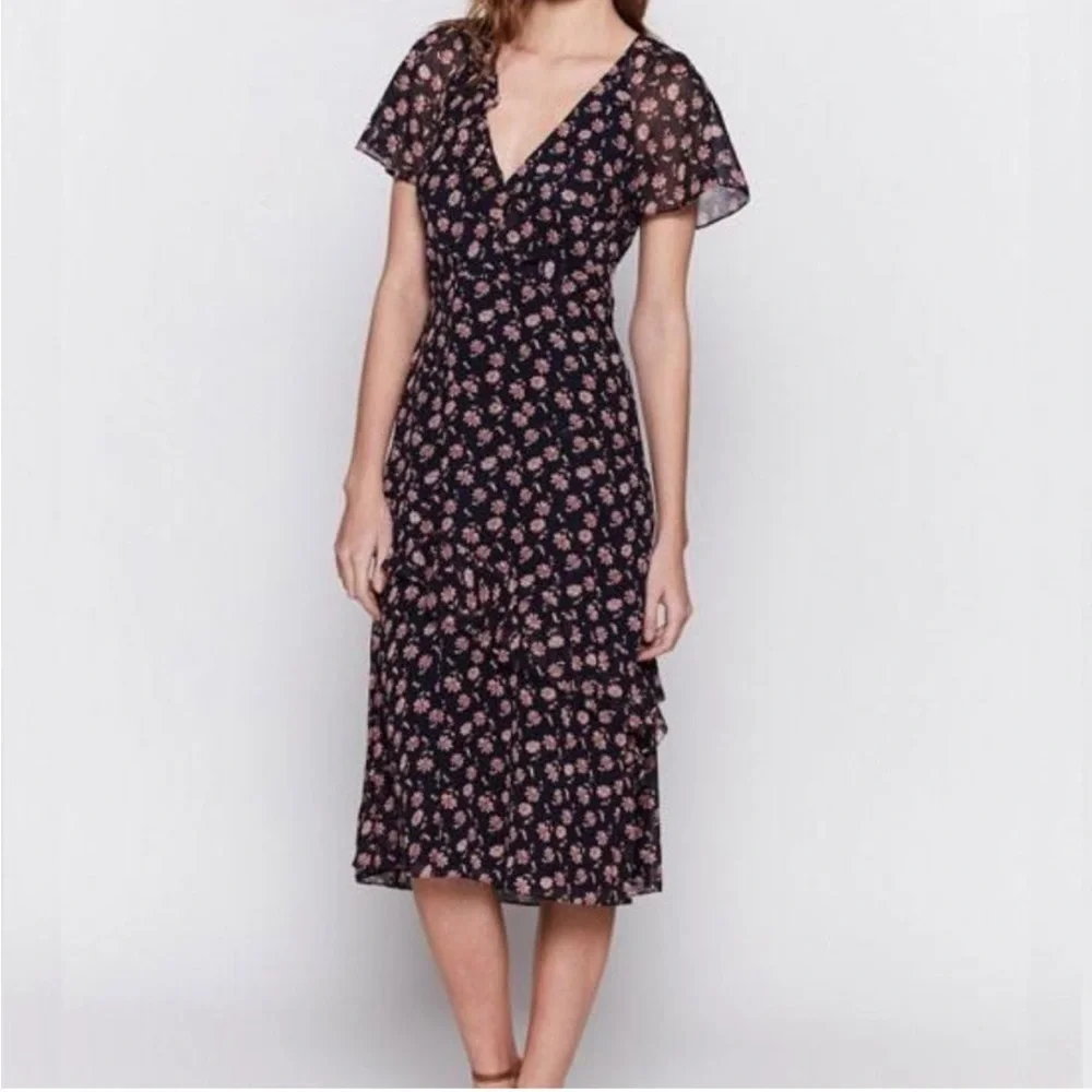 Joie 100% Silk Orita B Dress in "Midnight" Floral Black Pink Size 6 - Picture 4 of 15